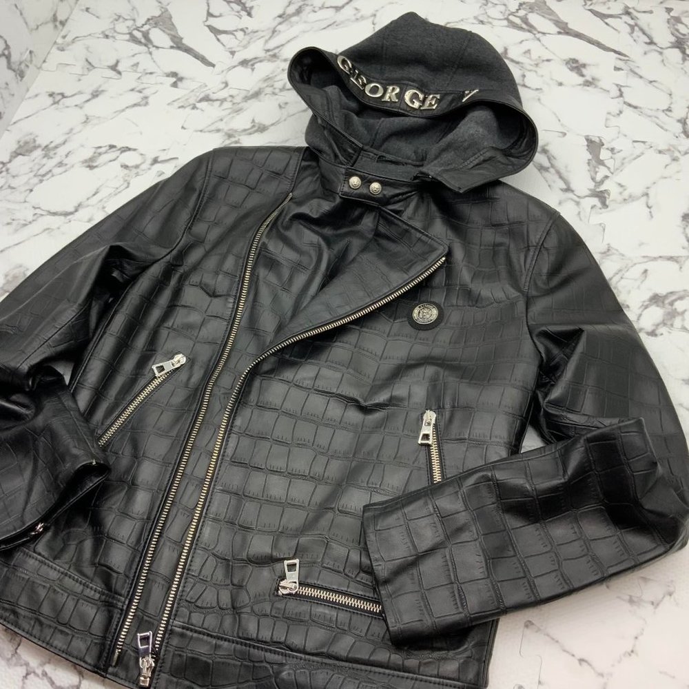 Men's Black Silver Motorcycle Lambskin Genuine Leather Hooded Jacket